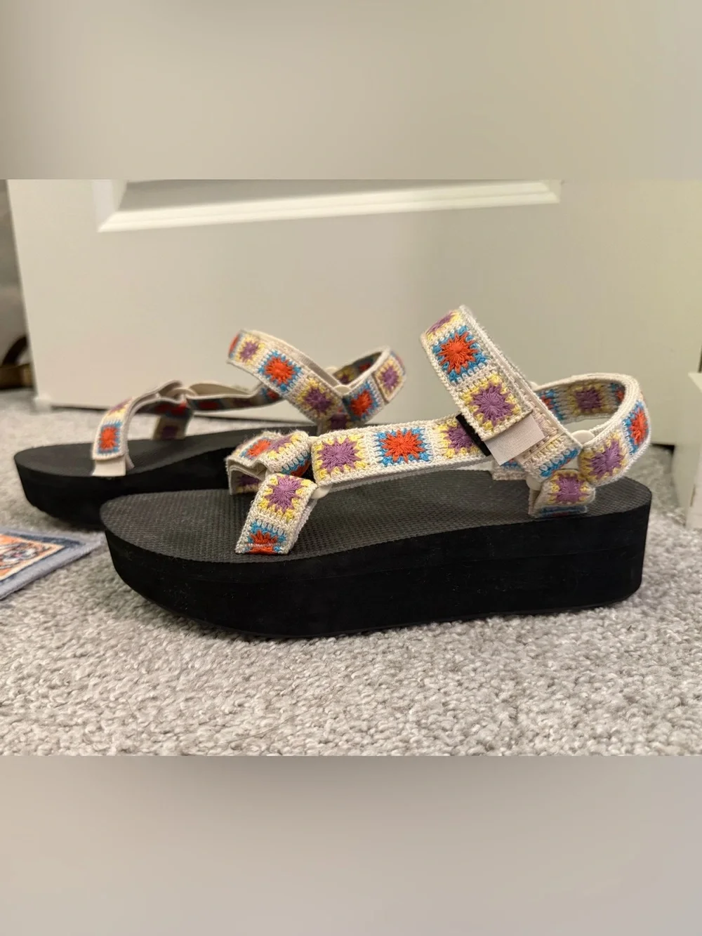 Teva Platform Sandals in Black with Multicolor Crochet Straps